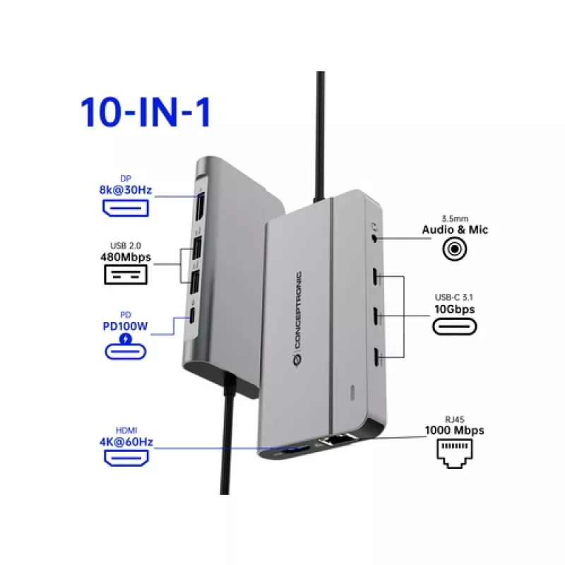 Docking station Conceptronic DONN34G 10 em 1 USB 3.2 Gen 2 MST, 4K60Hz HDMI, 8K30Hz DisplayPort, GbE, USB-C 10Gbps x 3, USB-A 480Mbps x 2, áudio, 100W USB PD