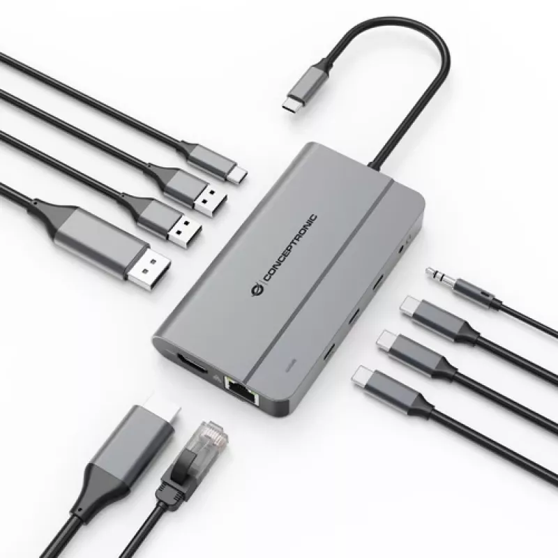 Docking station Conceptronic DONN34G 10 em 1 USB 3.2 Gen 2 MST, 4K60Hz HDMI, 8K30Hz DisplayPort, GbE, USB-C 10Gbps x 3, USB-A 480Mbps x 2, áudio, 100W USB PD