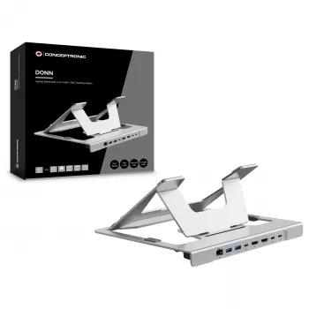 Suporte para portátil Conceptronic DONN35S com docking station USB-C 7 em 1, Dual-HDMI 4K60Hz, GbE, USB-C 5Gbps, 2x USB-A, 100W PD, prateado