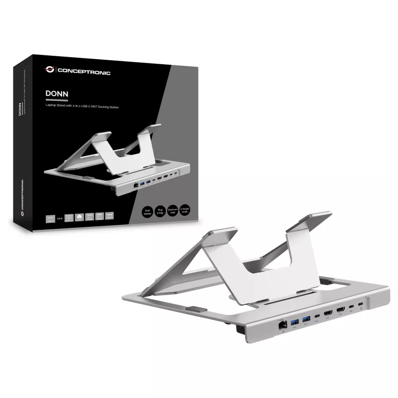 Suporte para portátil Conceptronic DONN35S com docking station USB-C 7 em 1, Dual-HDMI 4K60Hz, GbE, USB-C 5Gbps, 2x USB-A, 100W PD, prateado