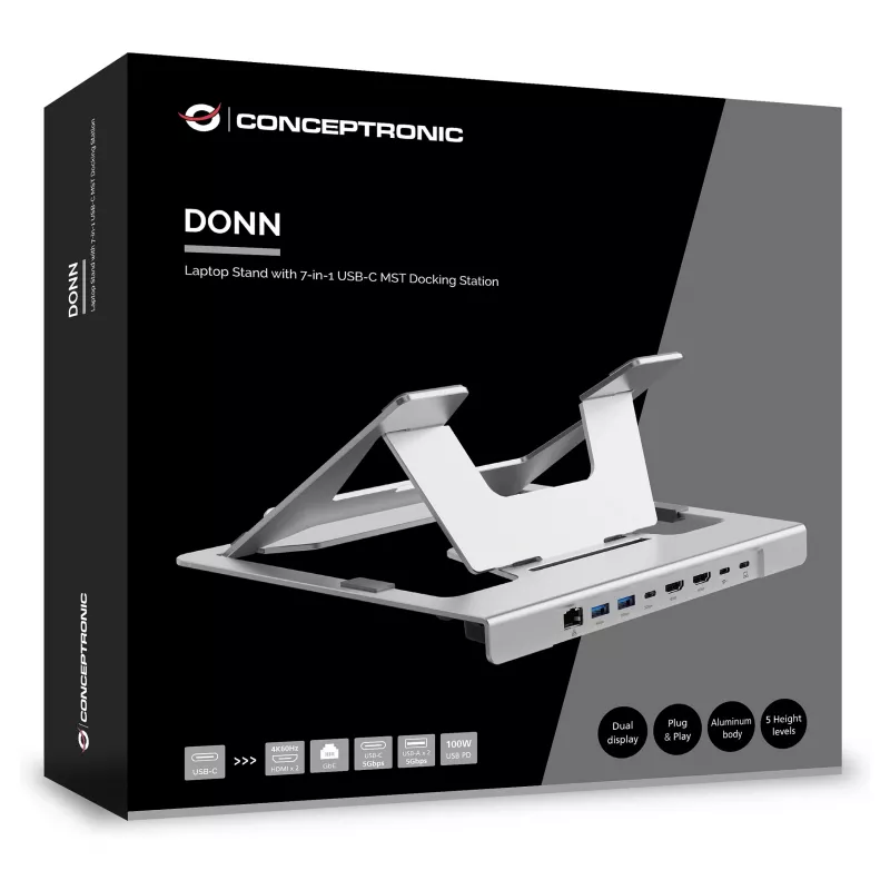 Suporte para portátil Conceptronic DONN35S com docking station USB-C 7 em 1, Dual-HDMI 4K60Hz, GbE, USB-C 5Gbps, 2x USB-A, 100W PD, prateado