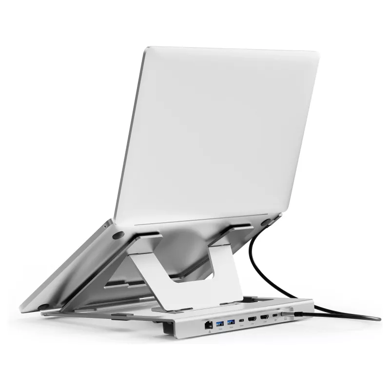 Suporte para portátil Conceptronic DONN35S com docking station USB-C 7 em 1, Dual-HDMI 4K60Hz, GbE, USB-C 5Gbps, 2x USB-A, 100W PD, prateado