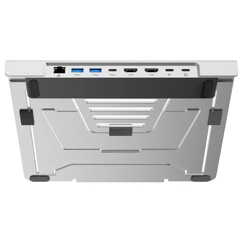 Suporte para portátil Conceptronic DONN35S com docking station USB-C 7 em 1, Dual-HDMI 4K60Hz, GbE, USB-C 5Gbps, 2x USB-A, 100W PD, prateado