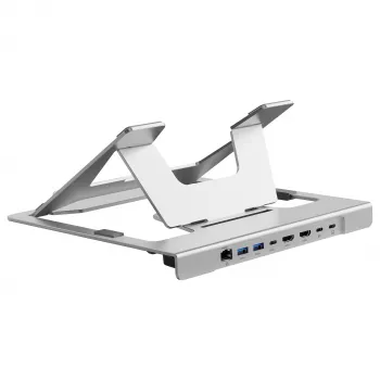 Suporte para portátil Conceptronic DONN35S com docking station USB-C 7 em 1, Dual-HDMI 4K60Hz, GbE, USB-C 5Gbps, 2x USB-A, 100W PD, prateado
