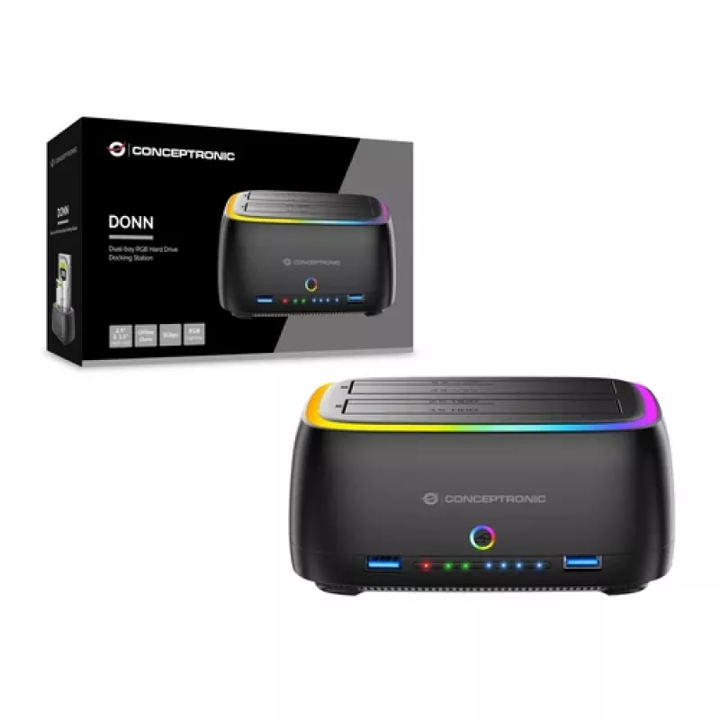 Conceptronic DONN36B dock para HDD/SSD SATA de 2 baías, USB 3.0, 2x USB-A, preto