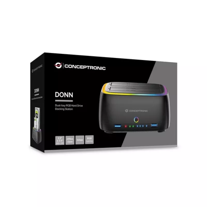 Conceptronic DONN36B dock para HDD/SSD SATA de 2 baías, USB 3.0, 2x USB-A, preto