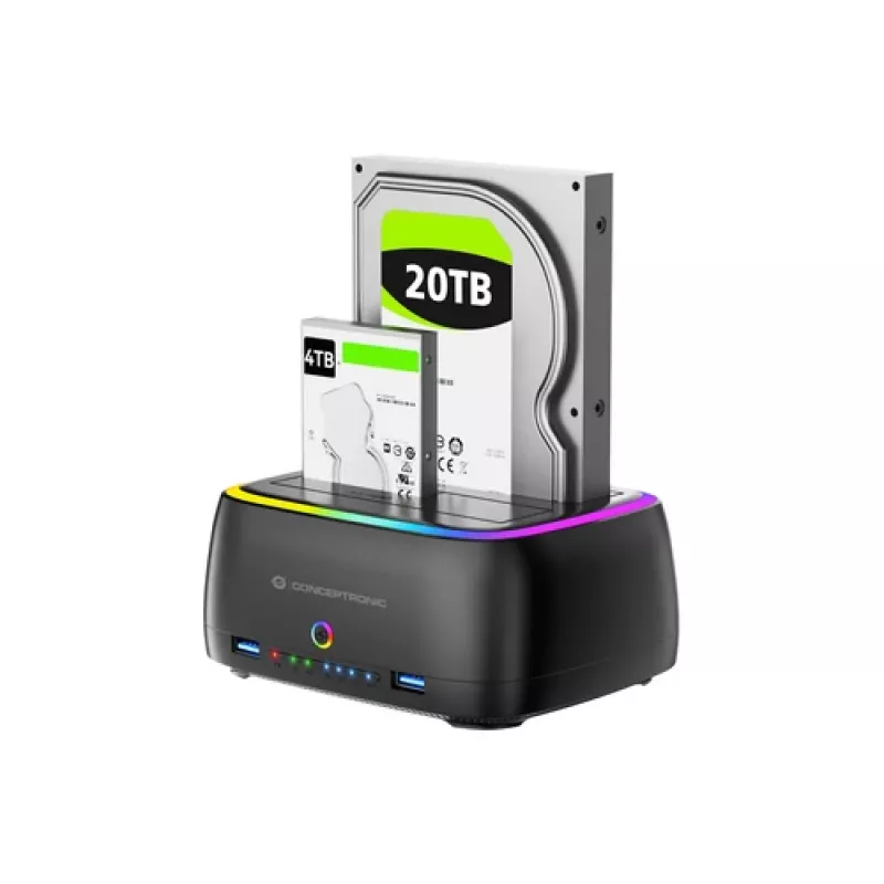 Conceptronic DONN36B dock para HDD/SSD SATA de 2 baías, USB 3.0, 2x USB-A, preto