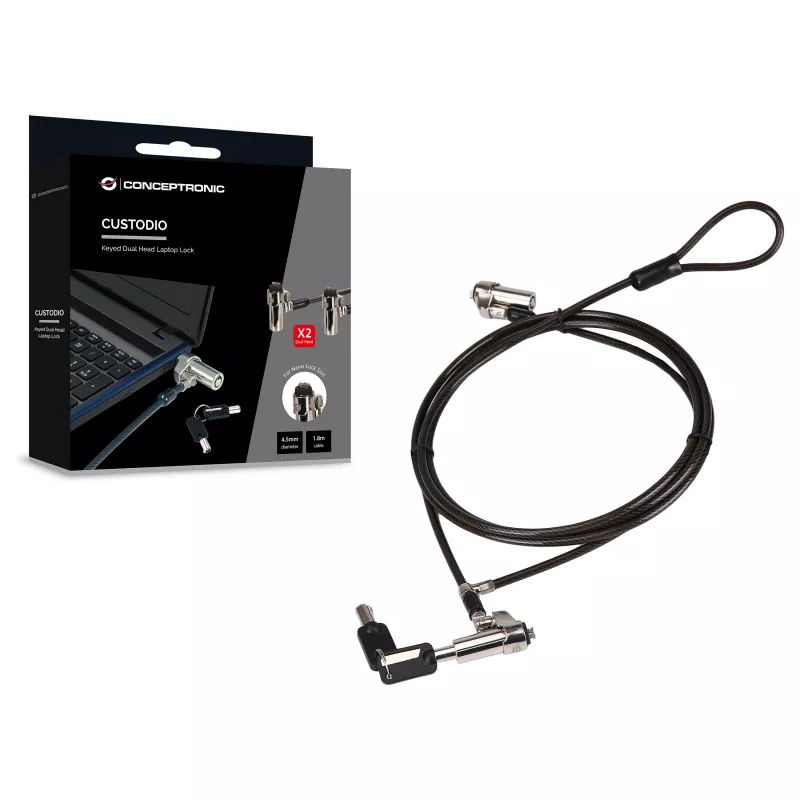 Cadeado de segurança para portátil Conceptronic NBT Nano-Lock Dual, 4 dígitos, cabo de aço 1,8 m, preto/prateado