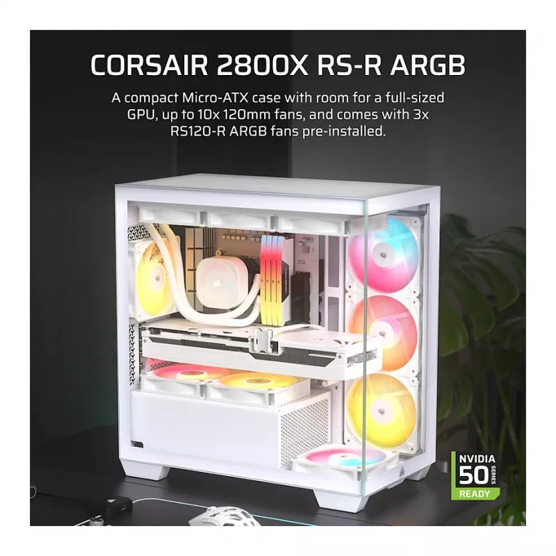 CORSAIR 2800X RS-R ARGB Caixa cubo Micro-ATX de câmara dupla, branco, com vidro temperado panorâmico e 2 ventoinhas LL120 RGB