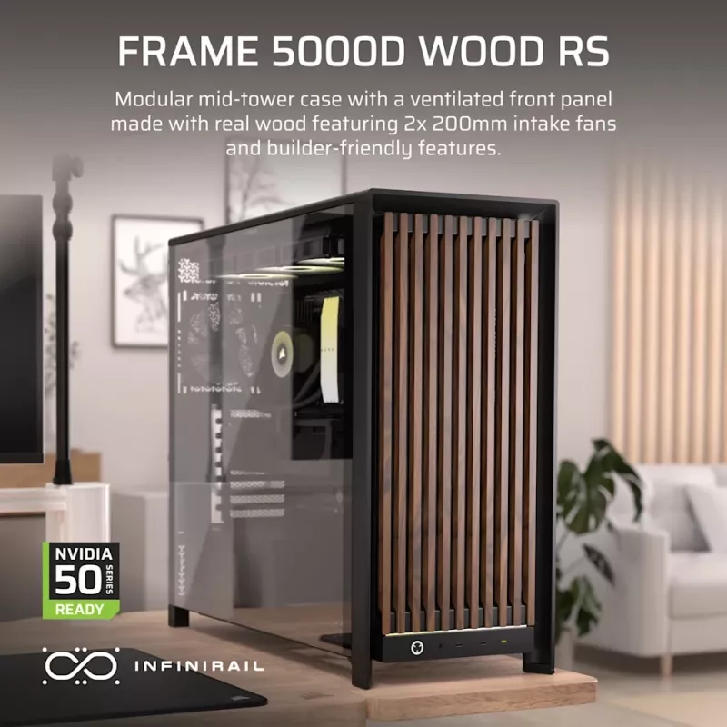 Corsair FRAME 5000D WOOD RS Caixa de PC mid-tower, preto/nogueira, E-ATX, ATX, Micro-ATX, Mini-ITX, aço/vidro temperado/plástico/madeira de nogueira, gaming