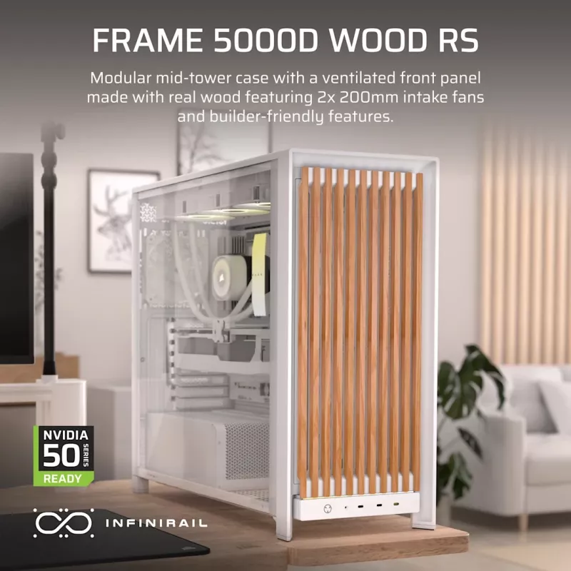 Corsair FRAME 5000D WOOD RS Caixa de PC Mid-Tower, branco/nogueira, vidro temperado, ATX, E-ATX, Micro-ATX, Mini-ITX, aço/plástico, Gaming