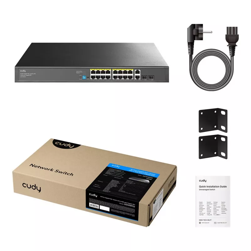 Cudy GS1018PS2 Switch Gigabit PoE+ de 16 portas com 2 portas uplink e 2 slots SFP 200W