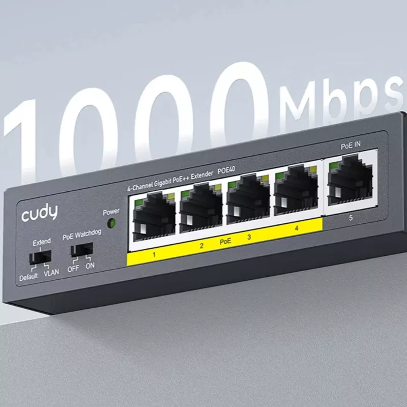 CUDY POE40 switch/extensor PoE de 4 portas com 1 uplink, 802.3af/at, extensão 250m, caixa metálica