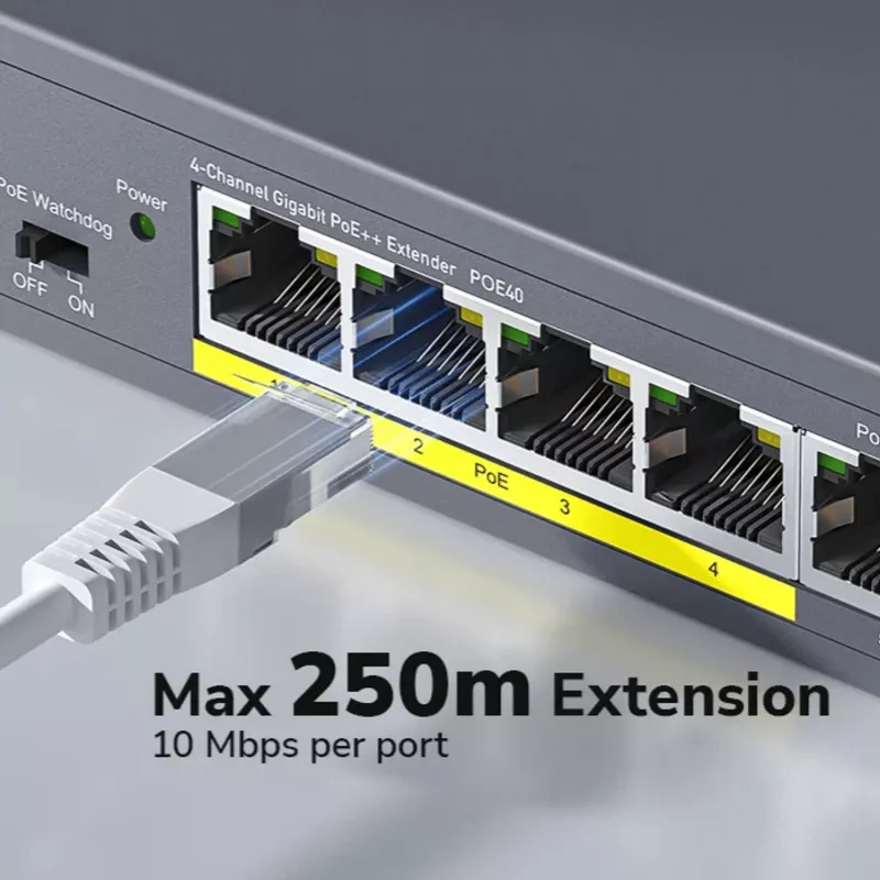 CUDY POE40 switch/extensor PoE de 4 portas com 1 uplink, 802.3af/at, extensão 250m, caixa metálica