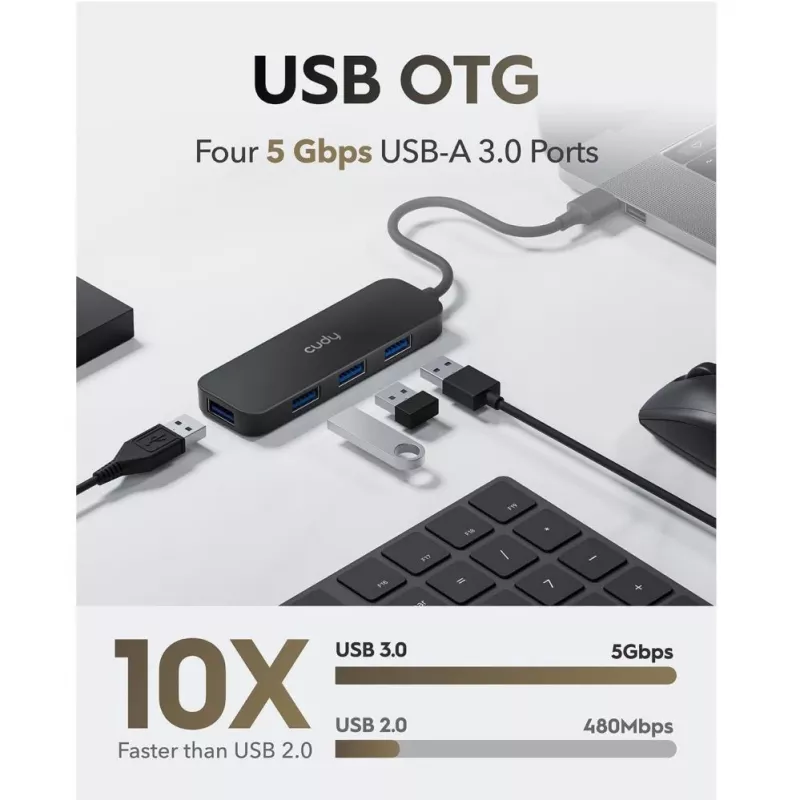 Cudy UH40A PortMate Hub USB-A para 4 portas USB 3.0 5Gbps Apenas dados Plástico Compacto preto