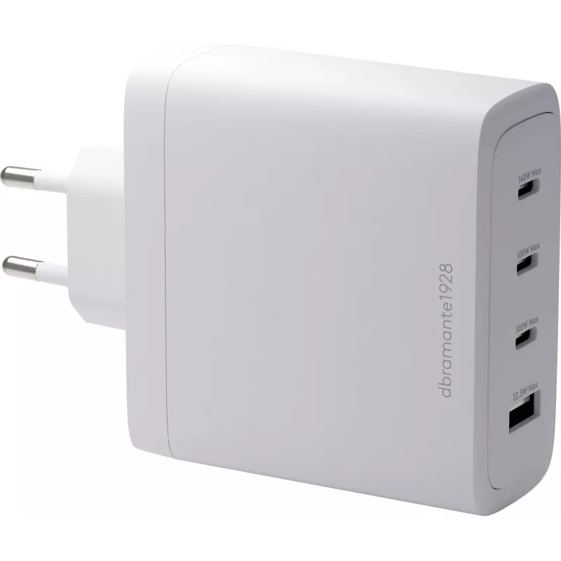 Carregador de parede GaN DBRAMANTE1928 Re-Charge 140W – 4 portas de saída (3x USB-C, 1x USB-A) – branco