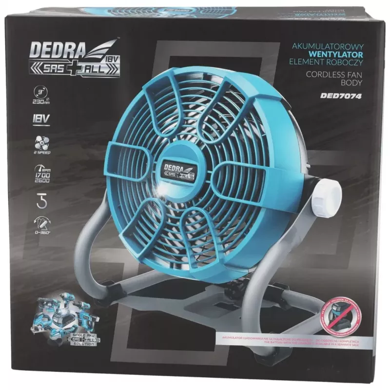 DEDRA DED7074 ventoinha a bateria 18V 230mm 3 velocidades com gancho de suspensão e suporte para tripé