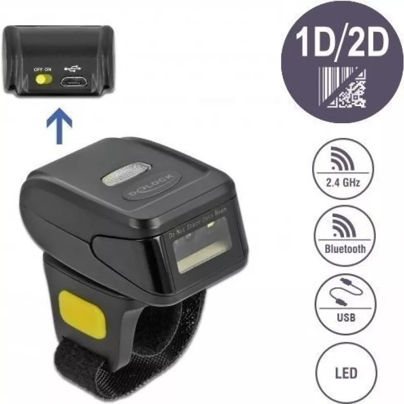 DeLOCK 90508 Leitor de códigos de barras 1D/2D portátil com USB, 2,4 GHz RF e Bluetooth 4.1
