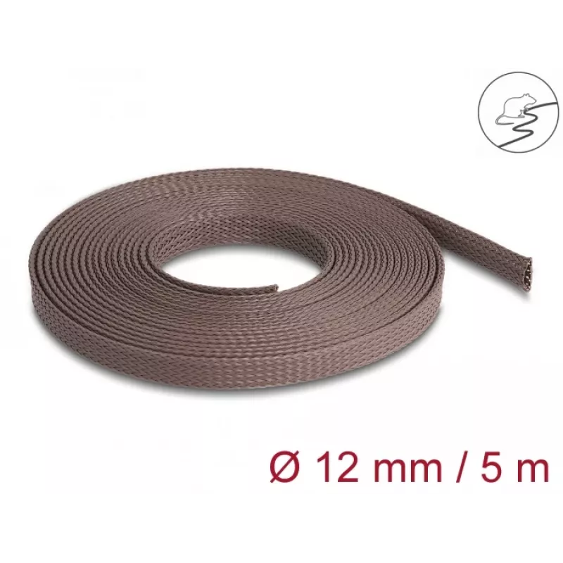 Tubo de gestão de cabos Delock, 12 mm, entrançado, resistente a roedores, extensível, 5 m, castanho