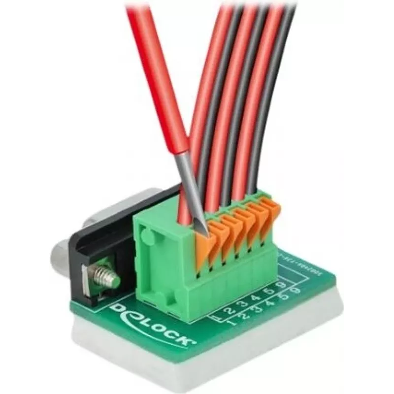 Delock Adaptador D-Sub 9 conector fêmea para bloco de terminais 6 pinos com parafusos prisioneiros e botão de pressão 66556