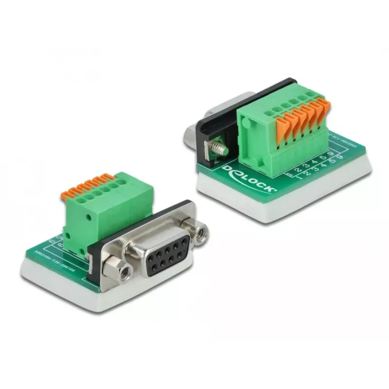 Delock Adaptador D-Sub 9 conector fêmea para bloco de terminais 6 pinos com parafusos prisioneiros e botão de pressão 66556