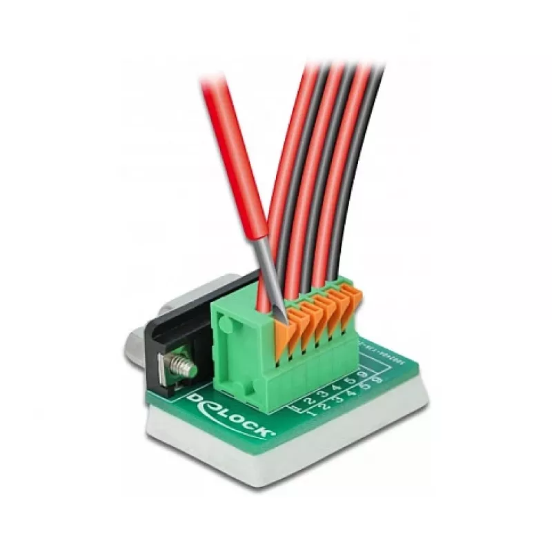 Delock Adaptador D-Sub 9 conector fêmea para bloco de terminais 6 pinos com parafusos prisioneiros e botão de pressão 66556