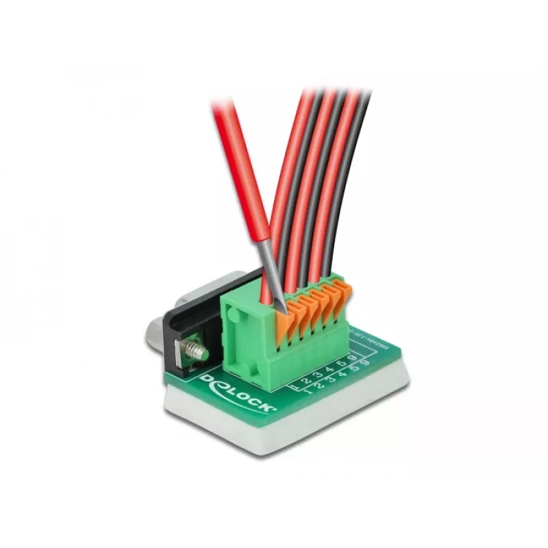 Delock Adaptador D-Sub 9 conector fêmea para bloco de terminais 6 pinos com parafusos prisioneiros e botão de pressão 66556