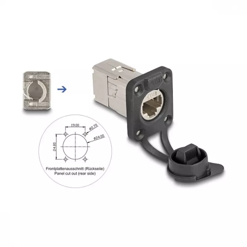 Delock conector fêmea RJ45 tipo D para embutir Cat.6A STP com ligação LSA e tampa de proteção IP66