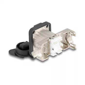 Delock conector fêmea RJ45 tipo D para embutir Cat.6A STP com ligação LSA e tampa de proteção IP66