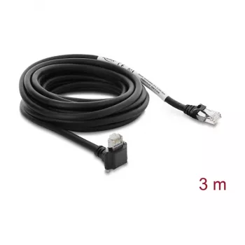 Delock cabo para câmara GigE Cat.6 S/FTP 3m, ficha RJ45 de 90° com parafusos (28mm) para ficha RJ45 reta, preto
