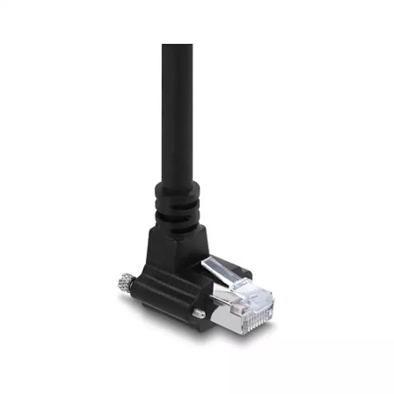 Cabo para câmara GigE Delock ficha RJ45 90° angular com parafusos, comprimento da ficha 28 mm para ficha RJ45 Cat.6 S/FTP 1 m preto