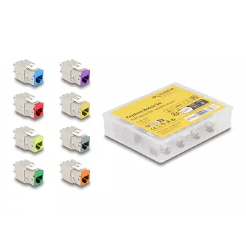 Delock módulo keystone RJ-45 conector fêmea para conector fêmea LSA STP CAT 6a, pack de 8 (cinzento, azul, amarelo, vermelho, verde, laranja, violeta, amarelo néon) 87896