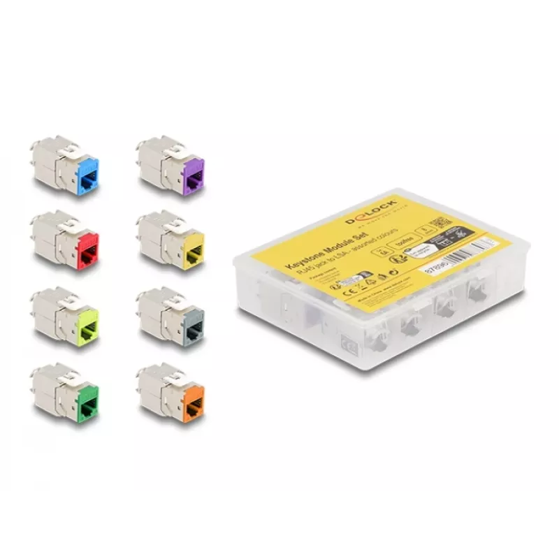 Delock módulo keystone RJ-45 conector fêmea para conector fêmea LSA STP CAT 6a, pack de 8 (cinzento, azul, amarelo, vermelho, verde, laranja, violeta, amarelo néon) 87896