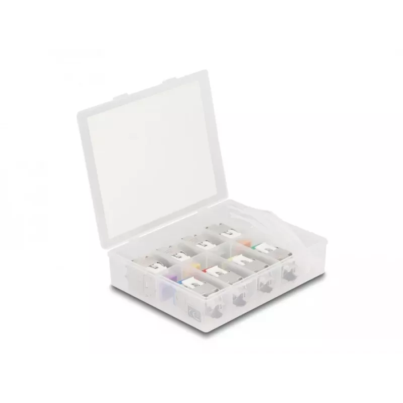 Delock módulo keystone RJ-45 conector fêmea para conector fêmea LSA STP CAT 6a, pack de 8 (cinzento, azul, amarelo, vermelho, verde, laranja, violeta, amarelo néon) 87896