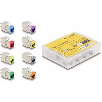 Delock módulo keystone RJ-45 conector fêmea para conector fêmea LSA STP CAT 6a, pack de 8 (cinzento, azul, amarelo, vermelho, verde, laranja, violeta, amarelo néon) 87896