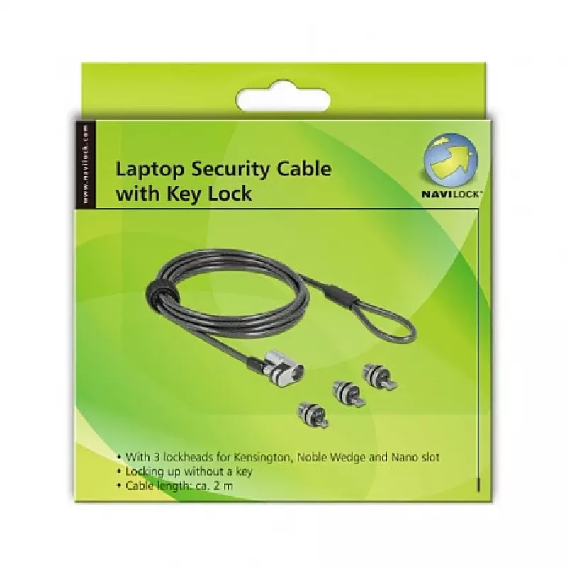 Delock Navilock Cabo de segurança para portátil com 3 cabeças de bloqueio para Kensington, Noble Wedge e Nano Slot (20676)
