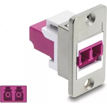 Conector fêmea LC duplex para montagem em painel Delock, multimodo OM4, caixa prateada, ligações violeta 91100