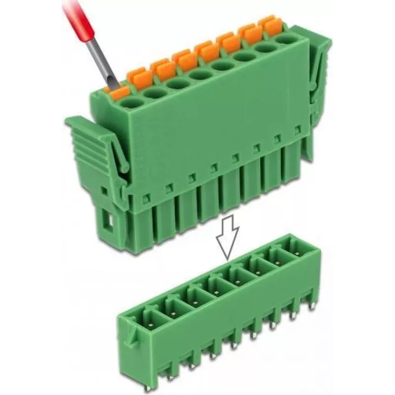 Delock Conjunto de blocos de terminais PCB 8 pinos, passo 3,81 mm, vertical, verde (10 unid.) 65974
