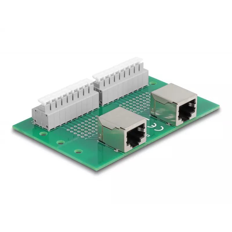 Delock RJ45 2 x conector fêmea para 2 x bloco de terminais com botão de pressão para calha DIN (66994)