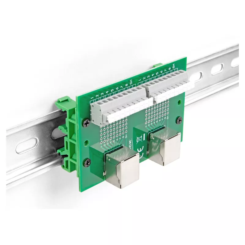 Delock RJ45 2 x conector fêmea para 2 x bloco de terminais com botão de pressão para calha DIN (66994)