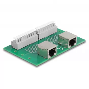 Delock RJ45 2 x conector fêmea para 2 x bloco de terminais com botão de pressão para calha DIN (66994)
