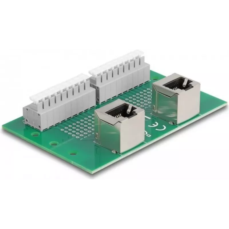 Delock RJ45 2 x conector fêmea para 2 x bloco de terminais com botão de pressão para calha DIN angular (66995)