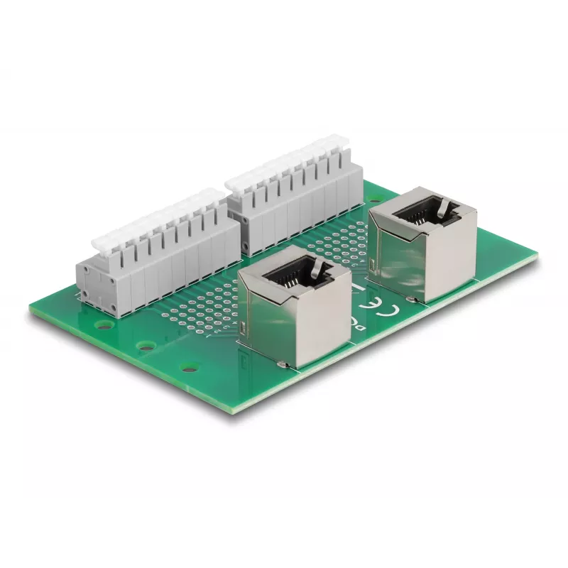 Delock RJ45 2 x conector fêmea para 2 x bloco de terminais com botão de pressão para calha DIN angular (66995)