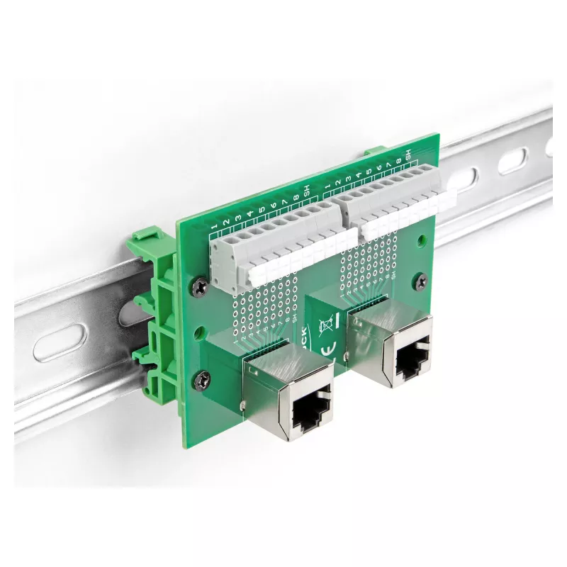 Delock RJ45 2 x conector fêmea para 2 x bloco de terminais com botão de pressão para calha DIN angular (66995)