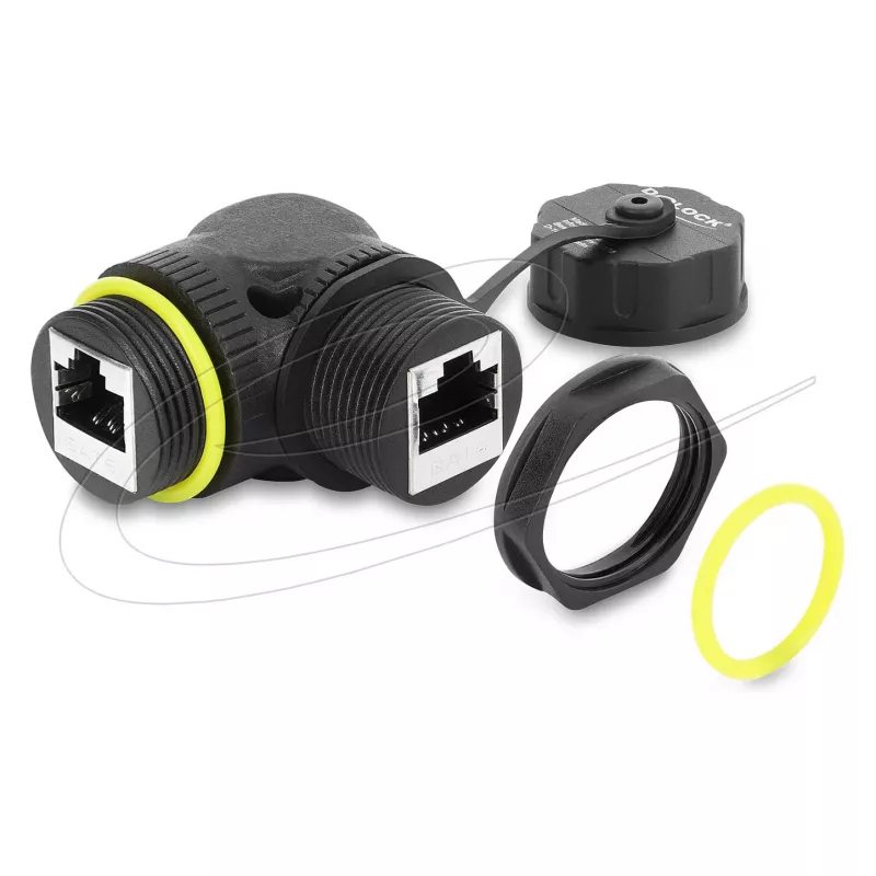 Delock Acoplador RJ45 Cat.6 Fêmea para Fêmea com Rosca M23 x 1,5 mm e Tampa de Proteção, Ângulo de 90°, IP68, Preto