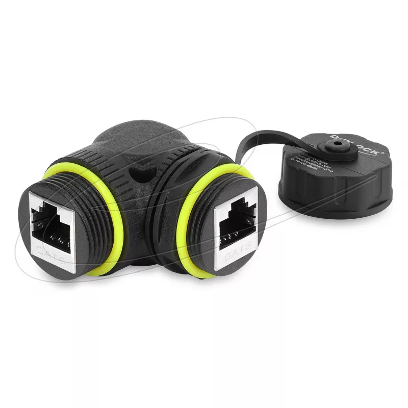 Delock Acoplador RJ45 Cat.6 Fêmea para Fêmea com Rosca M23 x 1,5 mm e Tampa de Proteção, Ângulo de 90°, IP68, Preto