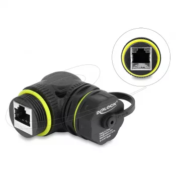 Delock Acoplador RJ45 Cat.6 Fêmea para Fêmea com Rosca M23 x 1,5 mm e Tampa de Proteção, Ângulo de 90°, IP68, Preto
