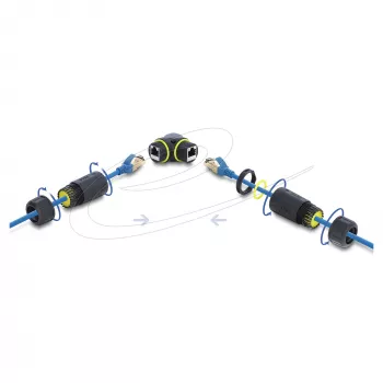 Conector fêmea a fêmea RJ45 Delock Cat.6 com rosca M23 x 1,5 mm, 90° angular, IP68 à prova de pó e água, preto