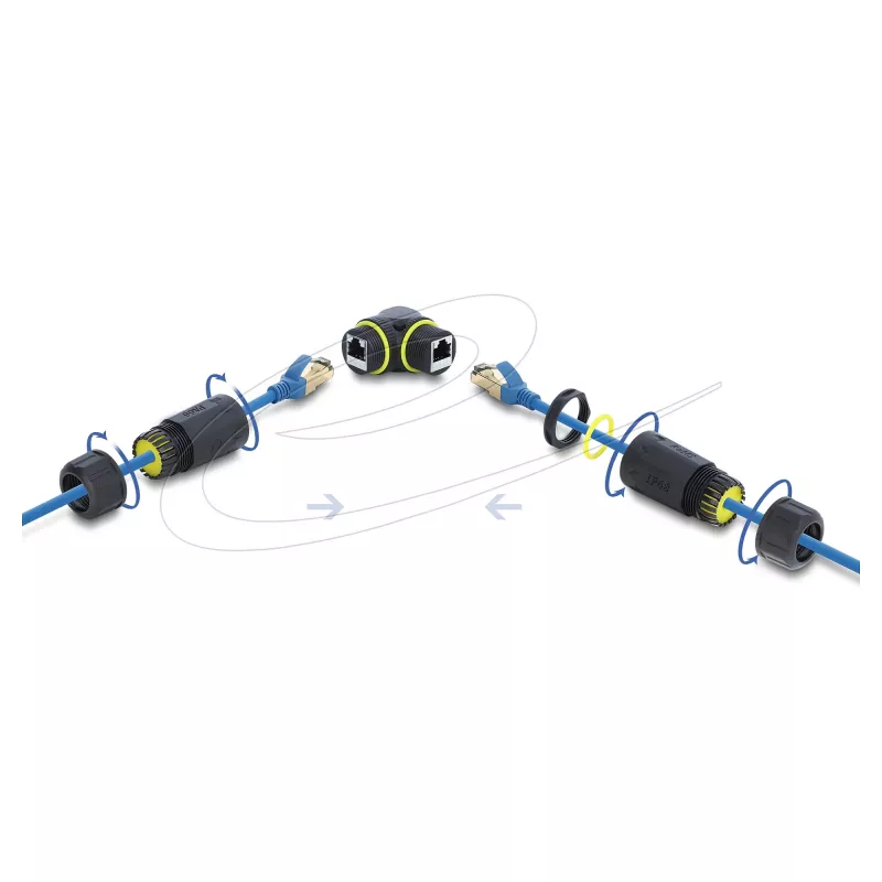 Conector fêmea a fêmea RJ45 Delock Cat.6 com rosca M23 x 1,5 mm, 90° angular, IP68 à prova de pó e água, preto