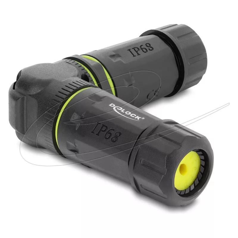Conector fêmea a fêmea RJ45 Delock Cat.6 com rosca M23 x 1,5 mm, 90° angular, IP68 à prova de pó e água, preto